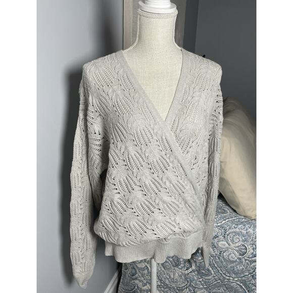 Lovestitch Knit Wrap Sweater L Gray Open Weave Boho Textured Cozy Balletcore - Picture 2 of 8